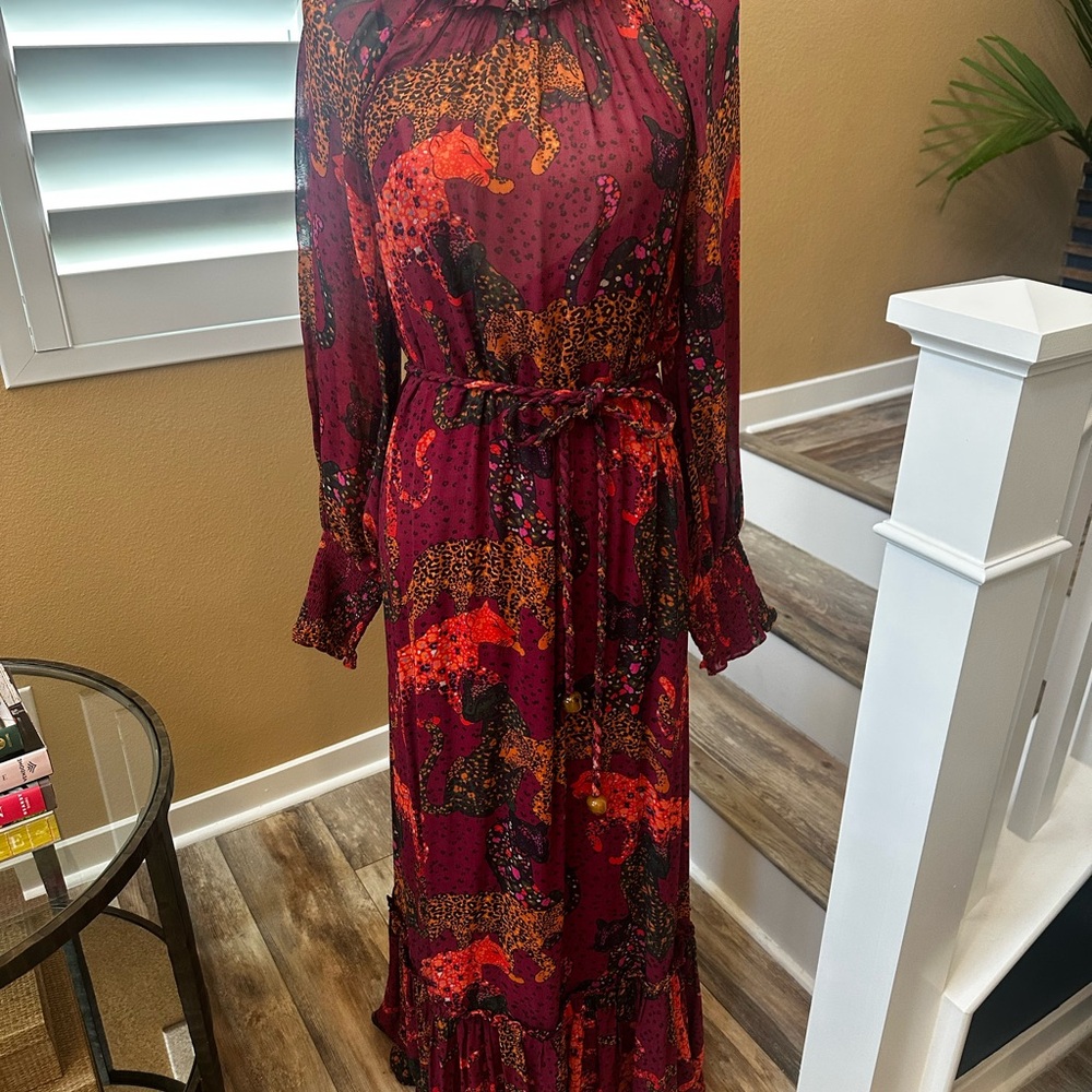 FARM Rio Red and Purple Mock Neck Gown with Bishop Sleeves